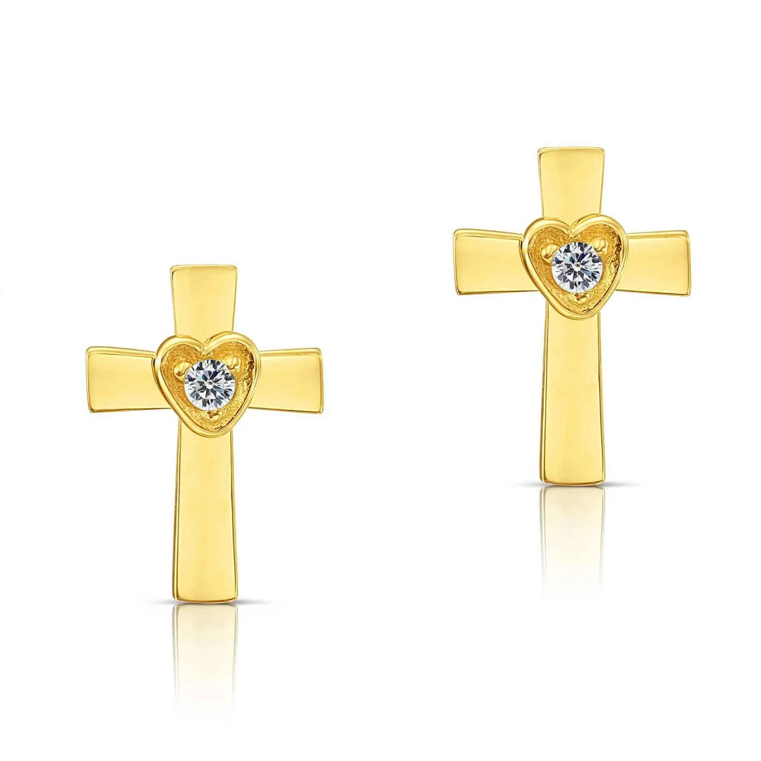 10k Yellow Gold Cross & Heart Stud Earrings with Center Stone