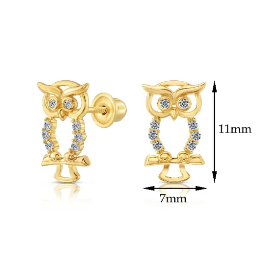 10k Yellow Gold Owl Stud Earrings, With Screwbacks