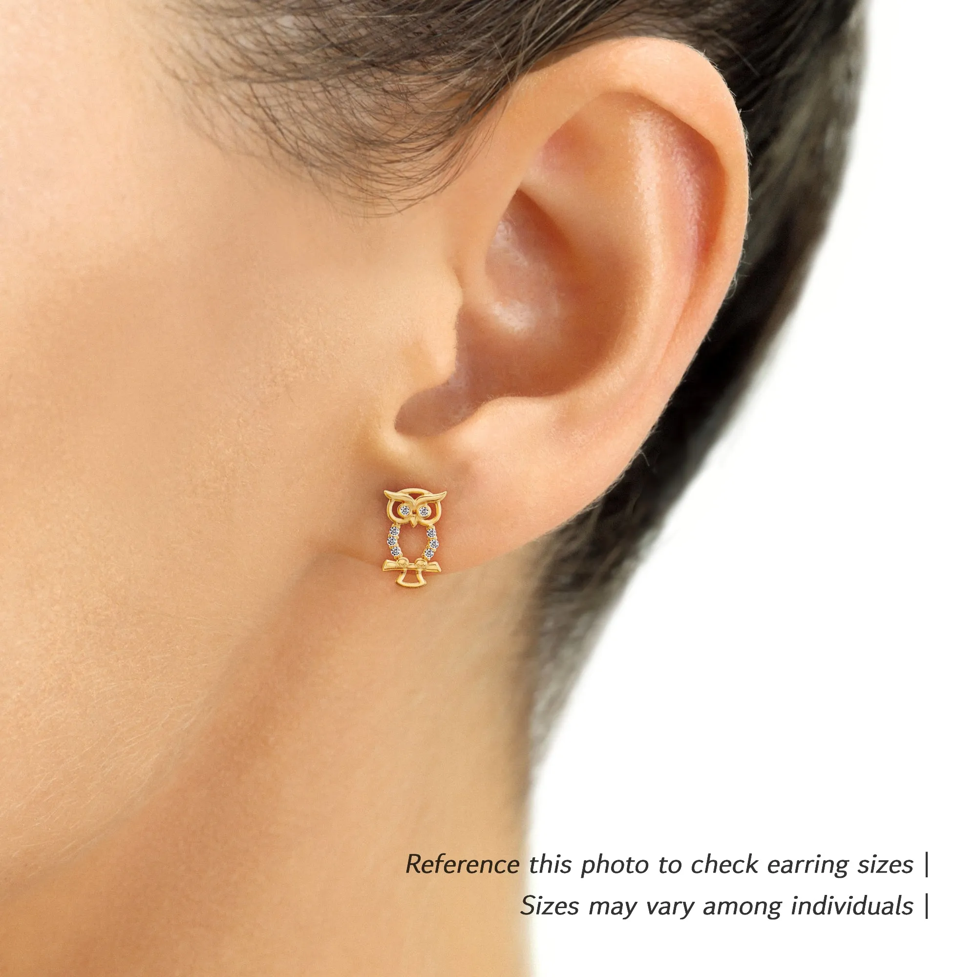 10k Yellow Gold Owl Stud Earrings, With Screwbacks