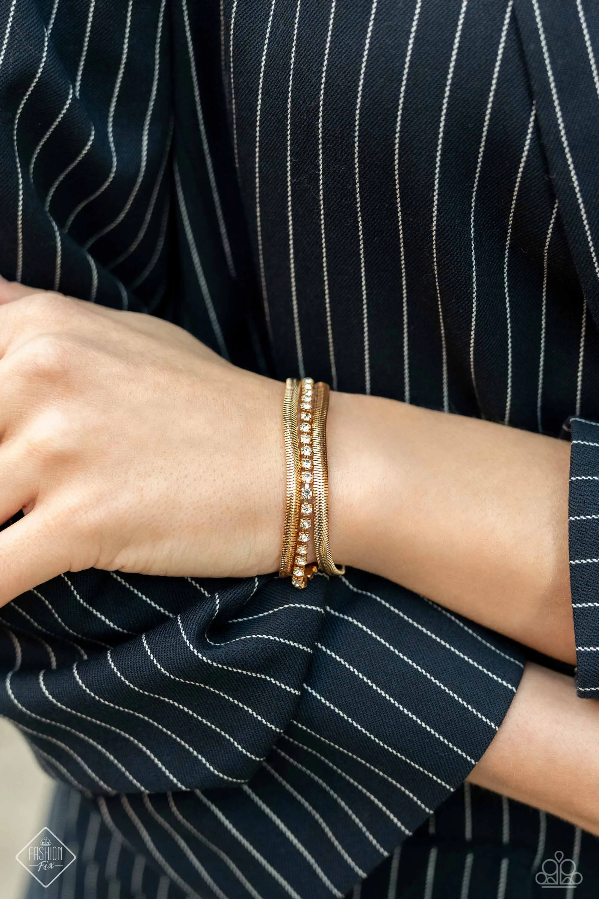 A SQUARE Treasure - Gold - White Rhinestone Herringbone Chain Paparazzi Lobster Claw Bracelet - February 2024 Magnificent Musings