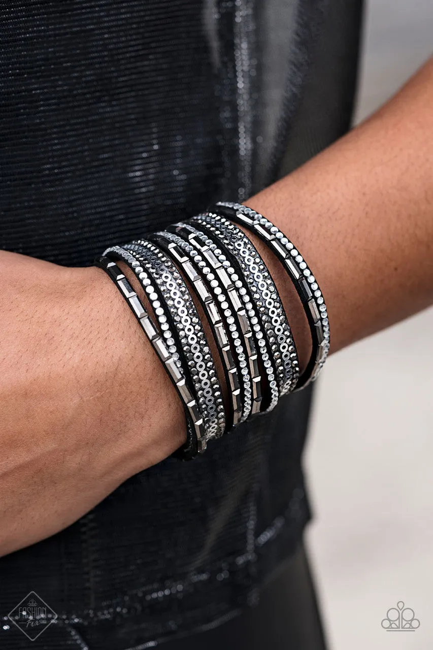 A Wait-and-SEQUIN Attitude - Black - White Rhinestone Suede Paparazzi Snap Wrap Bracelet - June 2019 Magnificent Musings