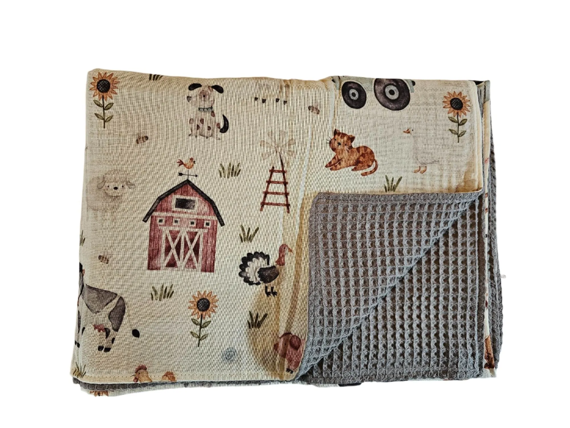Baby Blanket - Muslin Waffle - Farm / Grey