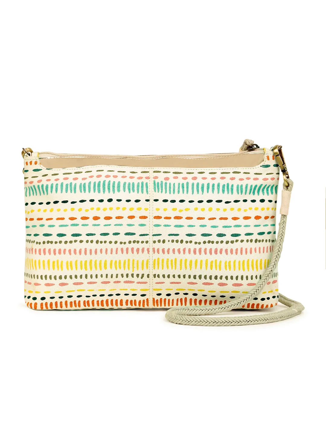 Berrylush Women White & Multicolour Geometric Printed Canvas Detachable Sling Strap Small Boho Clutch/Sling Bag