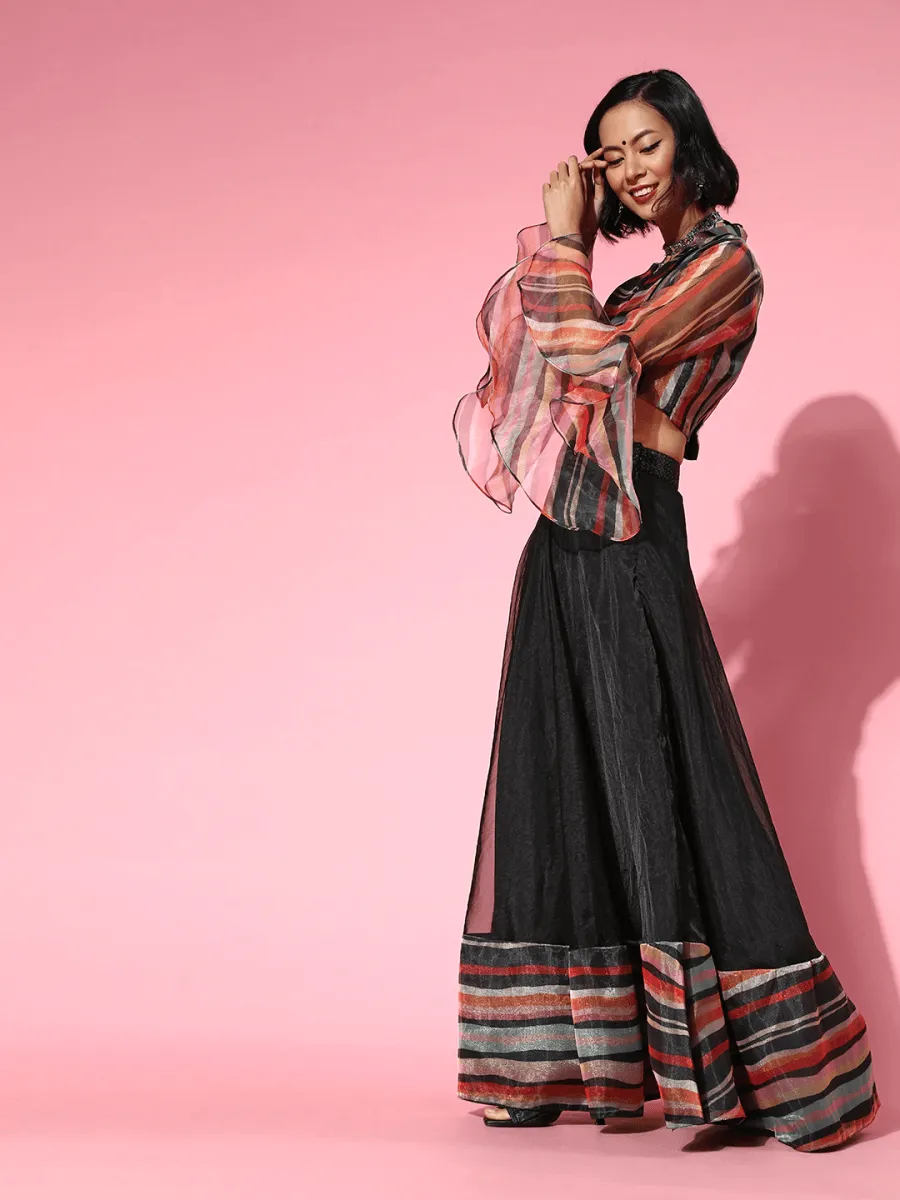 Black Skirt with Multi Printed Stripped Top