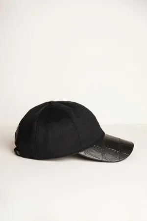 Black Textile & Crocodile Leather Cap