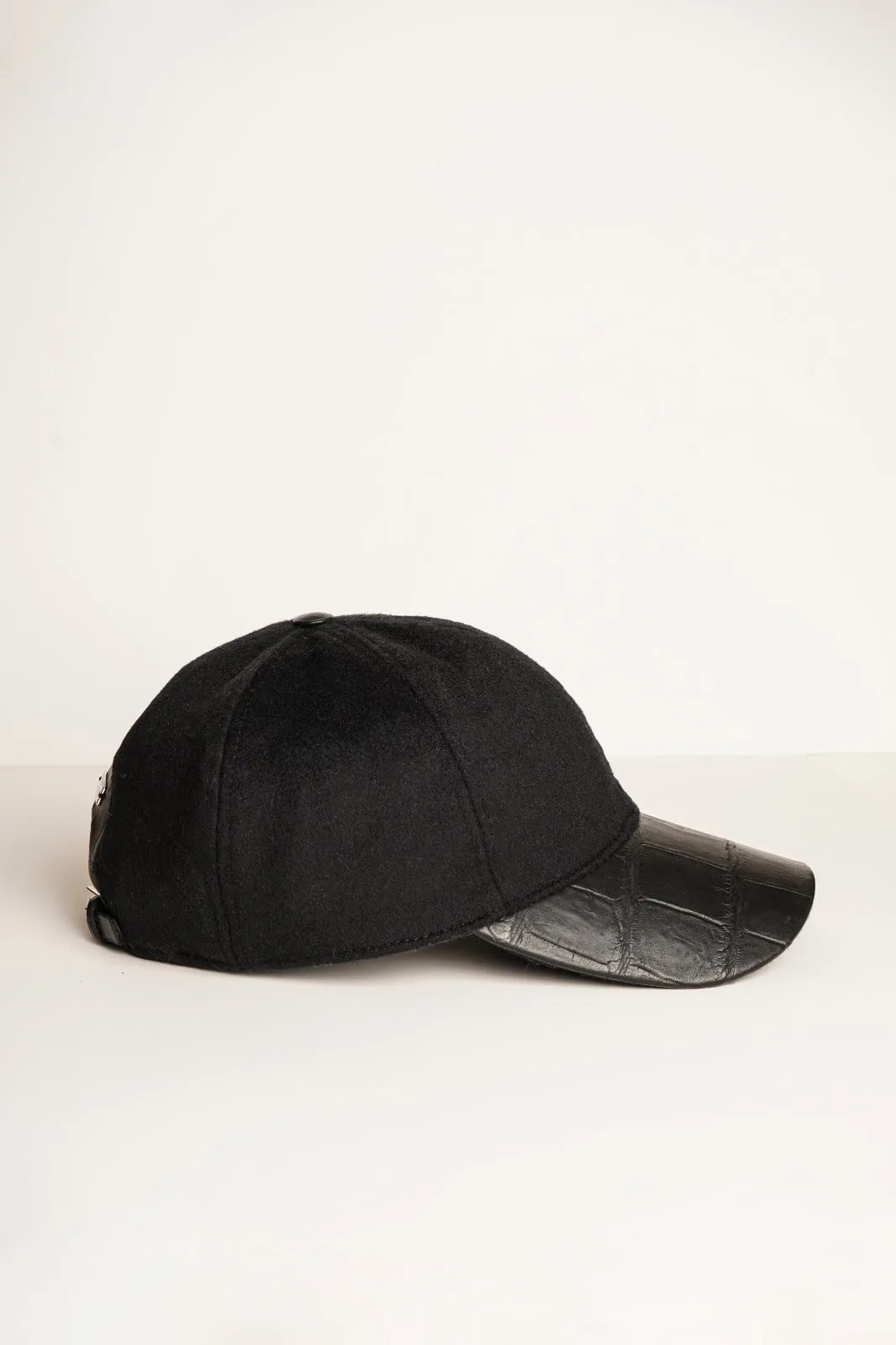 Black Textile & Crocodile Leather Cap