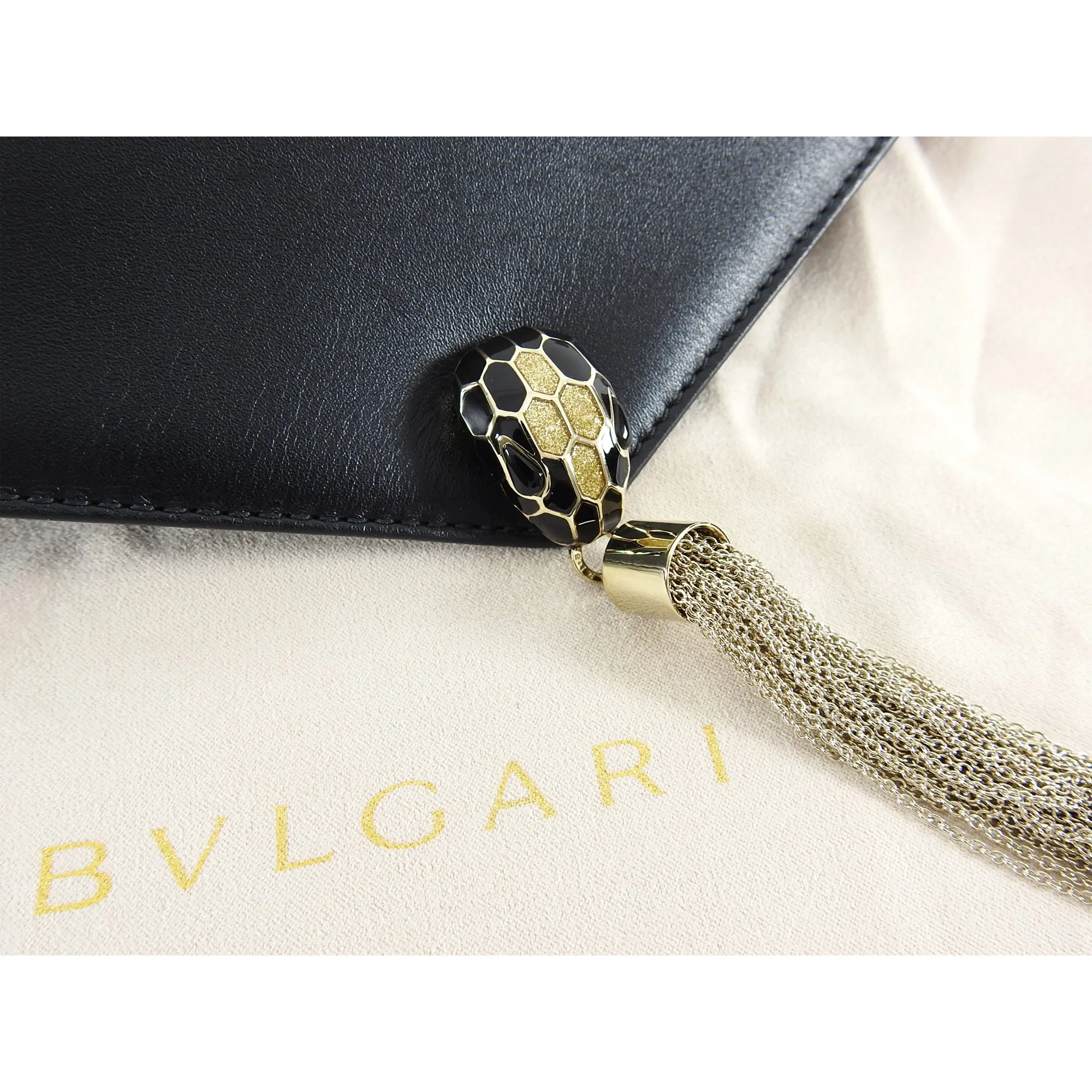 Bulgari Cocktail Serpenti Enamel Snake Black Leather Clutch Bag