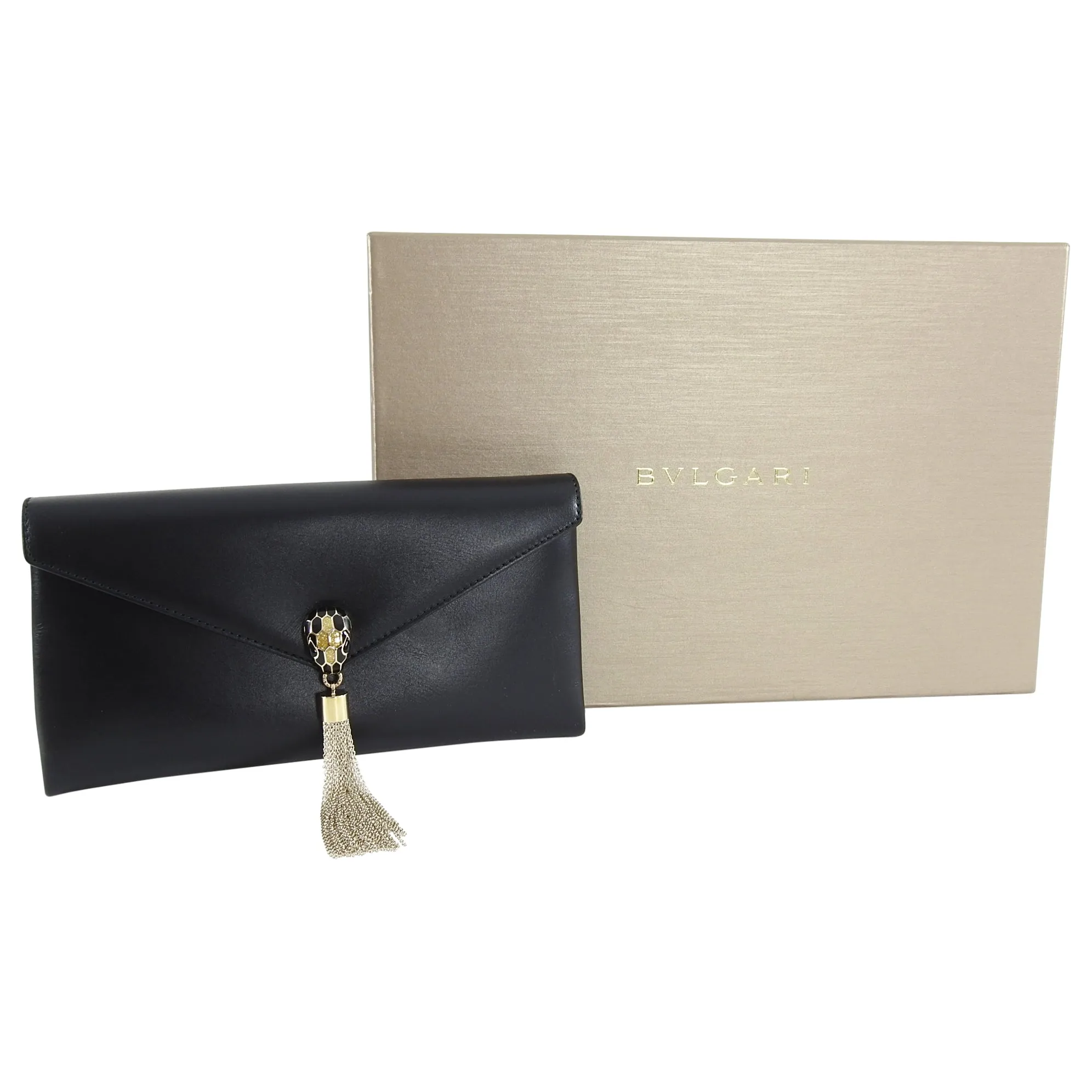 Bulgari Cocktail Serpenti Enamel Snake Black Leather Clutch Bag