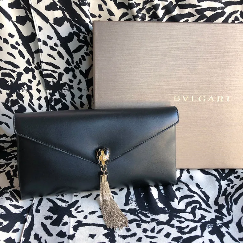 Bulgari Cocktail Serpenti Enamel Snake Black Leather Clutch Bag
