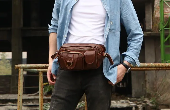 Coffee Cool Leather Fanny Packs Mens Waist Bag Hip Pack Belt Bag for Men