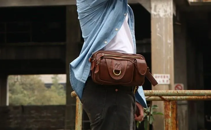 Coffee Cool Leather Fanny Packs Mens Waist Bag Hip Pack Belt Bag for Men