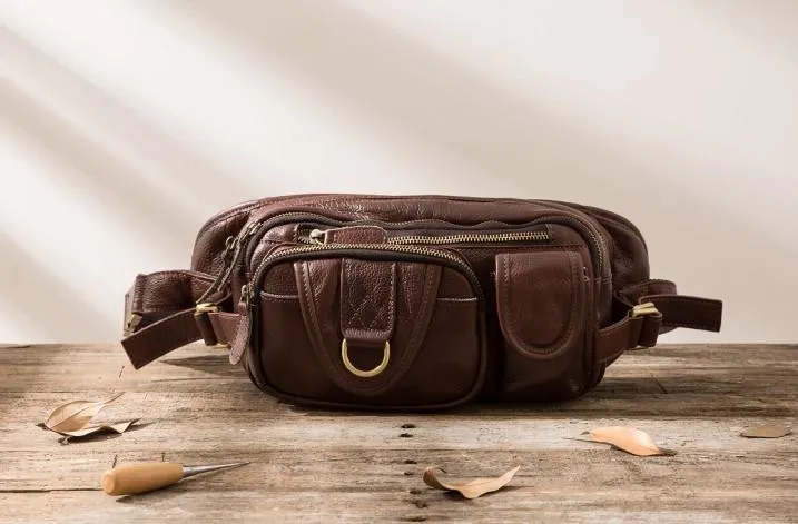 Coffee Cool Leather Fanny Packs Mens Waist Bag Hip Pack Belt Bag for Men