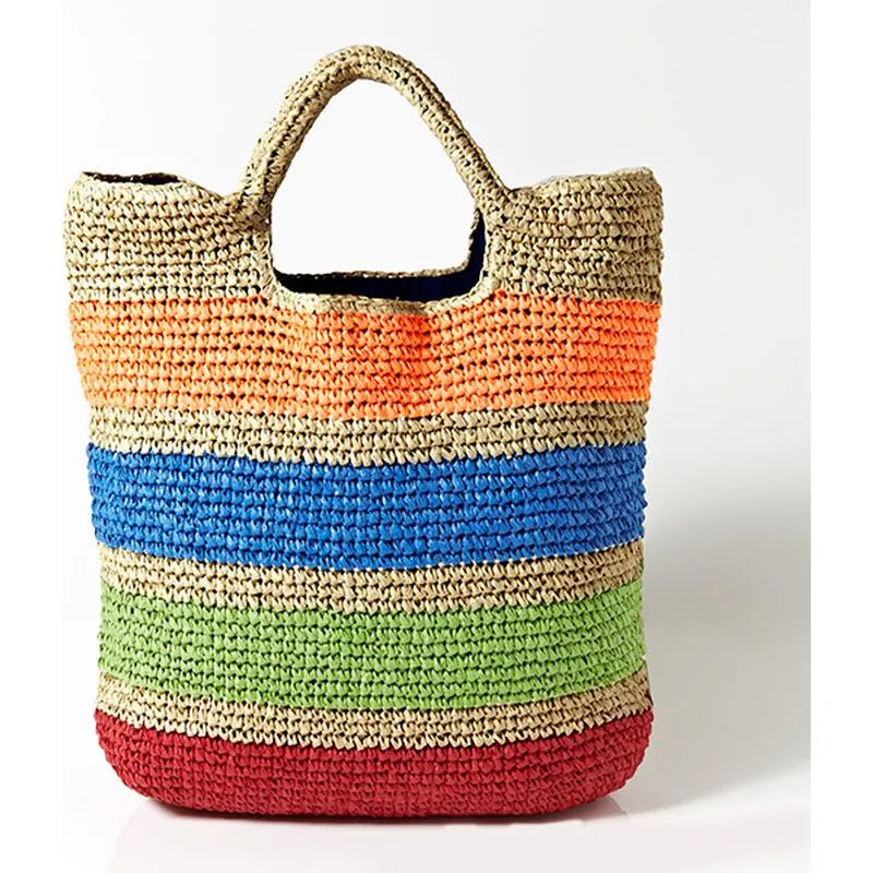 Crochet Summer Beach Tote Bags Colorful Straw Women Handmade Handbags