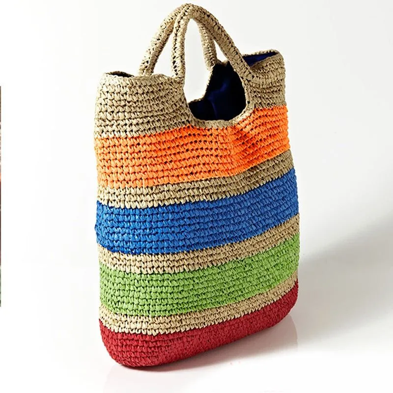 Crochet Summer Beach Tote Bags Colorful Straw Women Handmade Handbags
