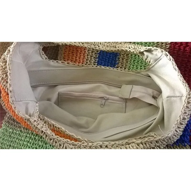 Crochet Summer Beach Tote Bags Colorful Straw Women Handmade Handbags