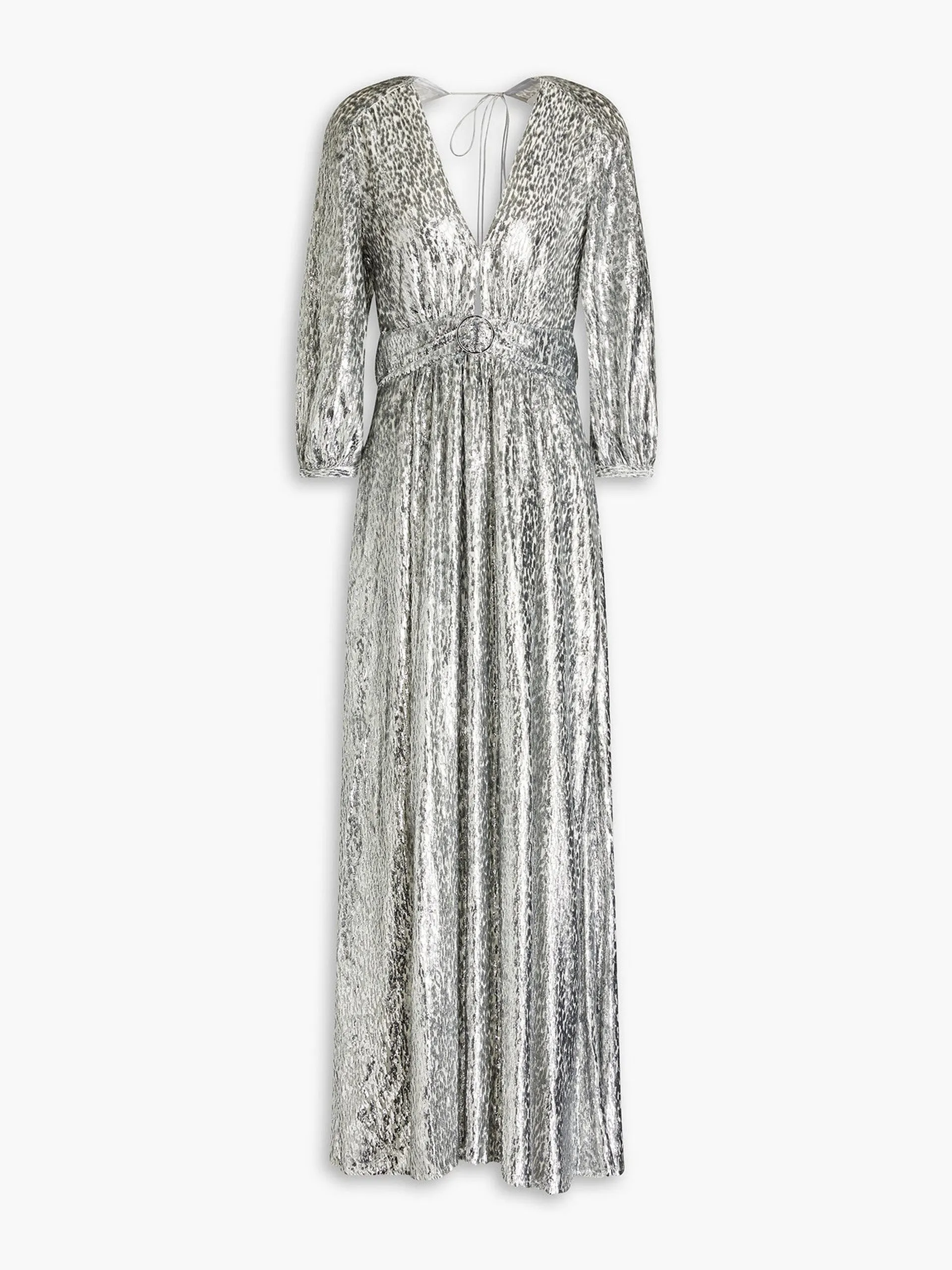 Dara open-back ruched metallic fil coupé maxi dress
