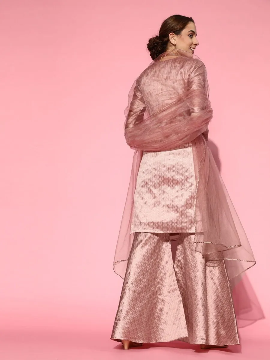 Dirty Pink Woven Kurta with Sharara and Dupatta