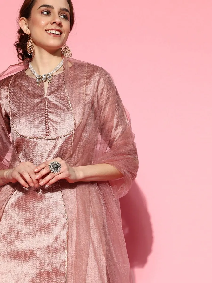 Dirty Pink Woven Kurta with Sharara and Dupatta
