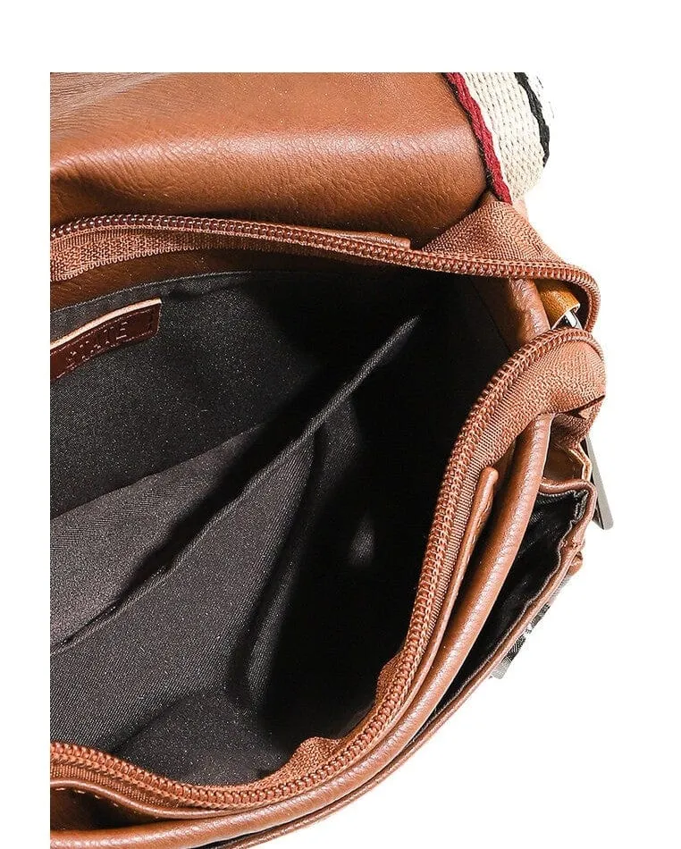 Distressed Leather Flap Trim Crossbody Bag - Camel