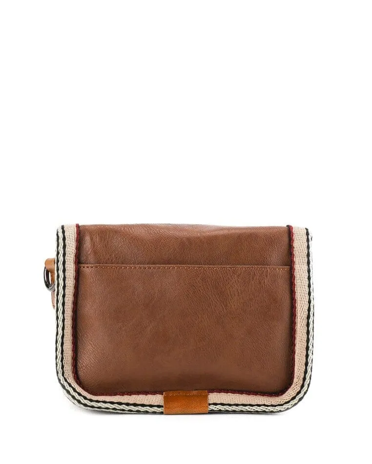 Distressed Leather Flap Trim Crossbody Bag - Camel