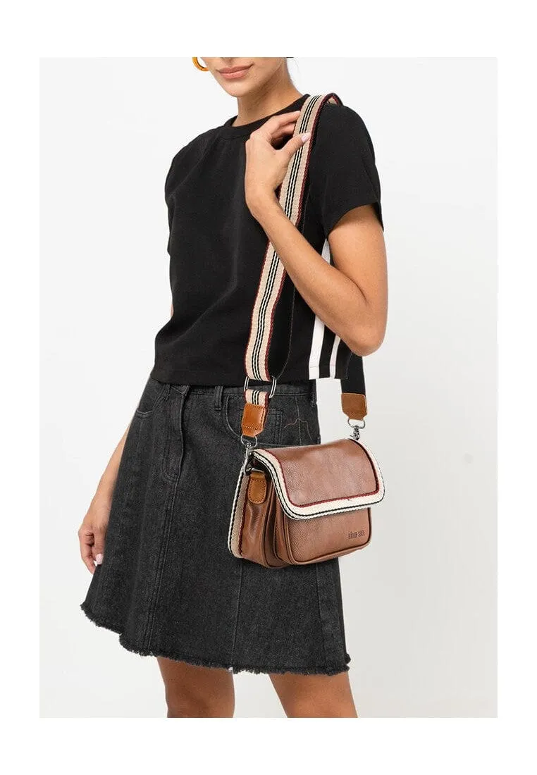 Distressed Leather Flap Trim Crossbody Bag - Camel