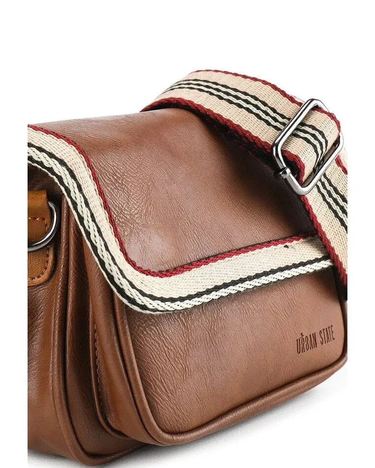 Distressed Leather Flap Trim Crossbody Bag - Camel