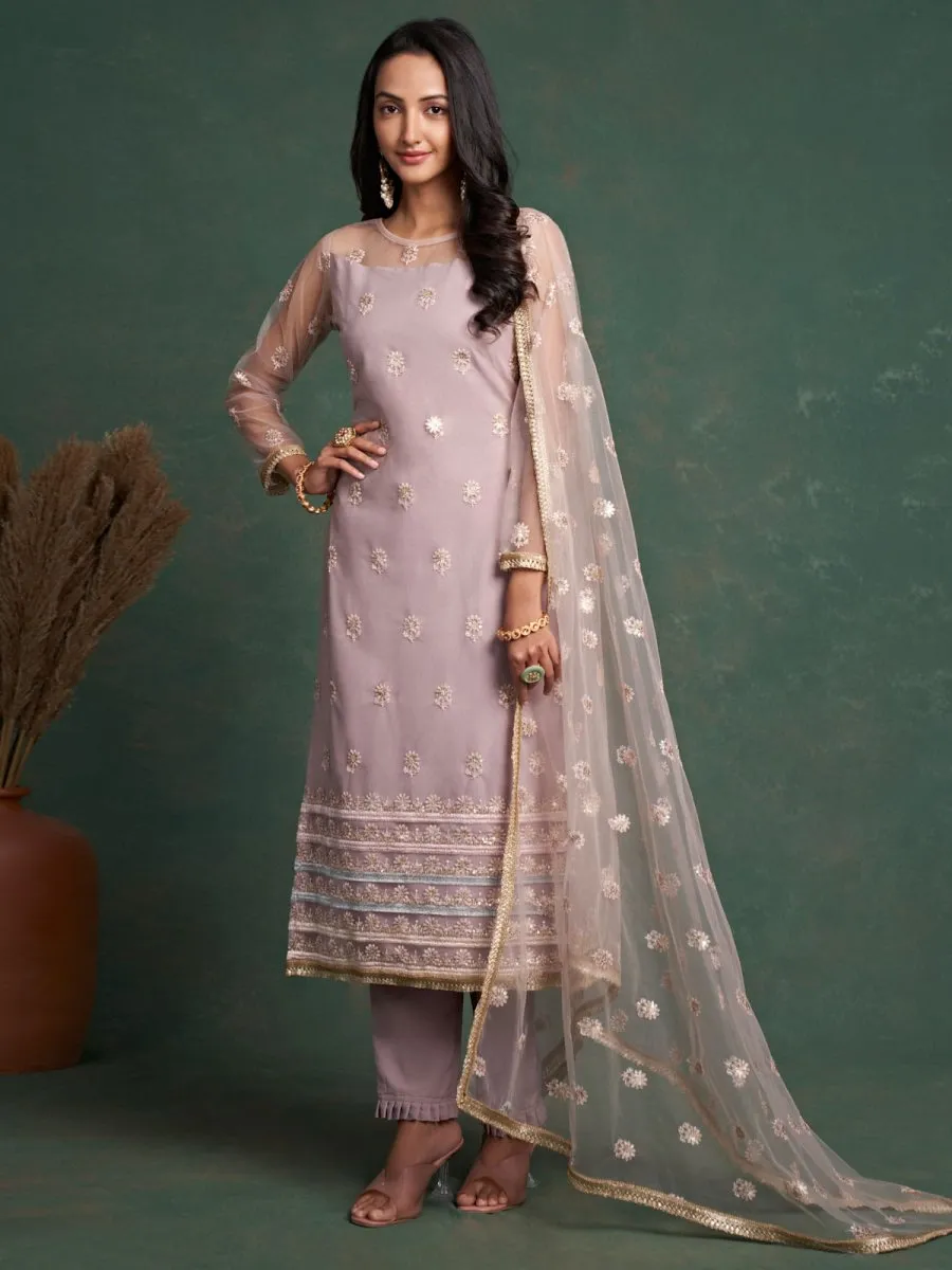 Dusty Pink Embroidered Festive-Wear Straight-Cut-Suit