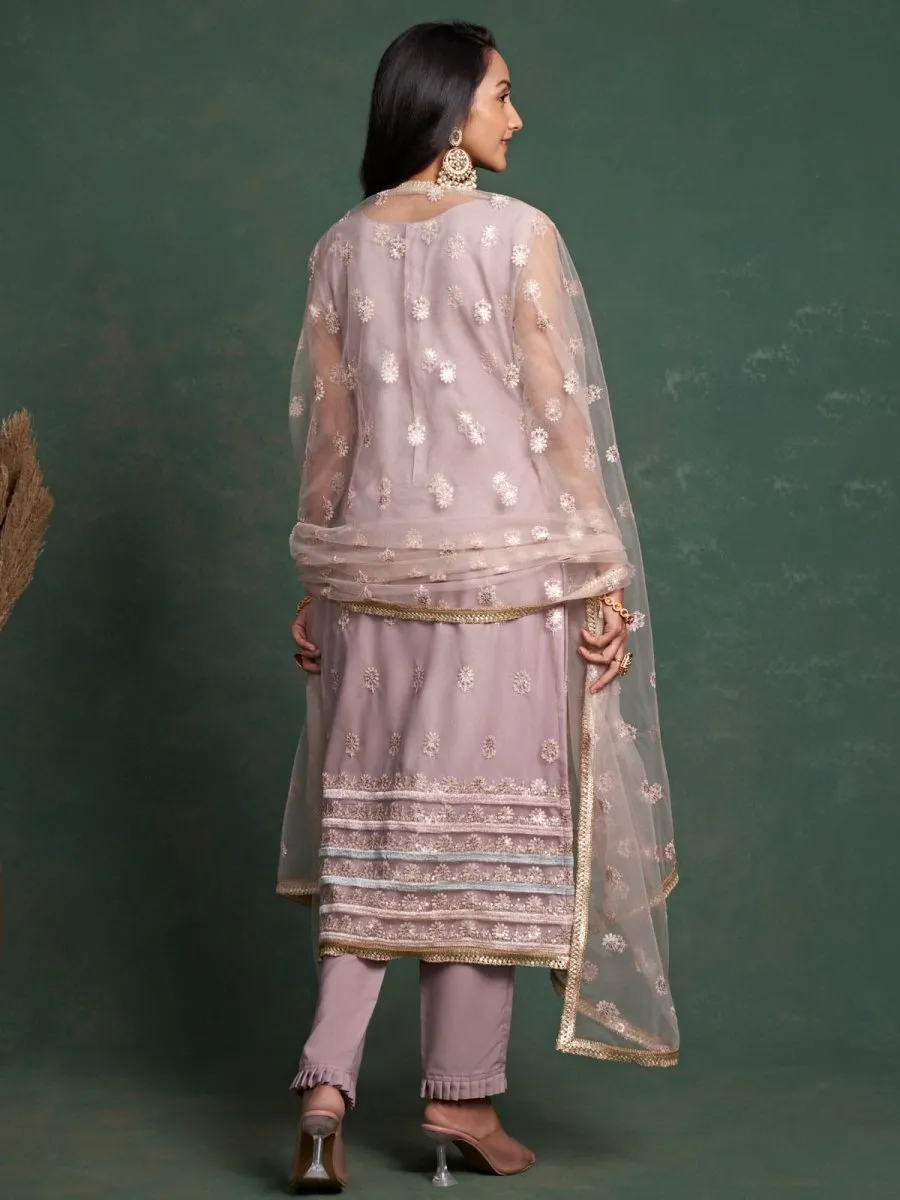 Dusty Pink Embroidered Festive-Wear Straight-Cut-Suit