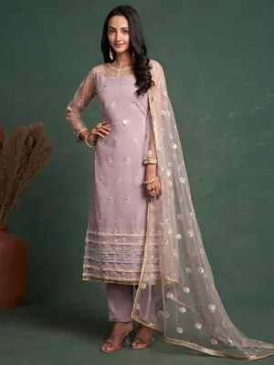 Dusty Pink Embroidered Festive-Wear Straight-Cut-Suit