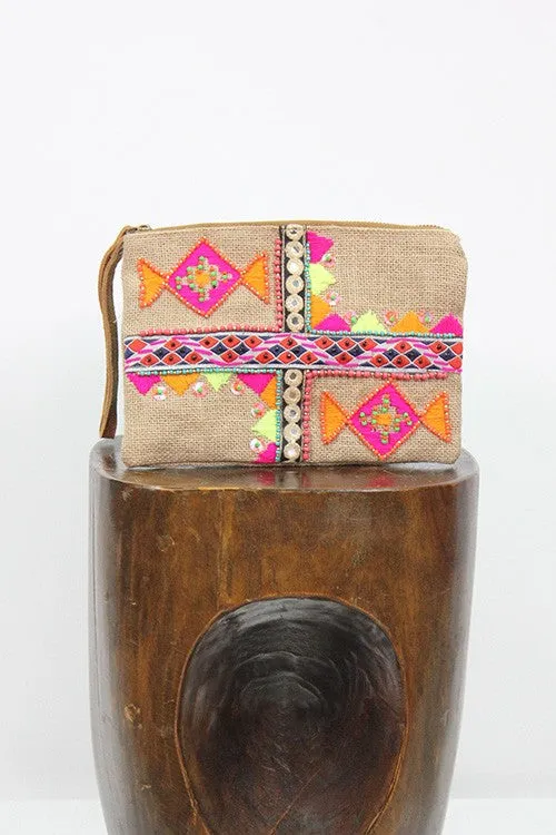 Embroidered  Zippered Rectangular Pouch