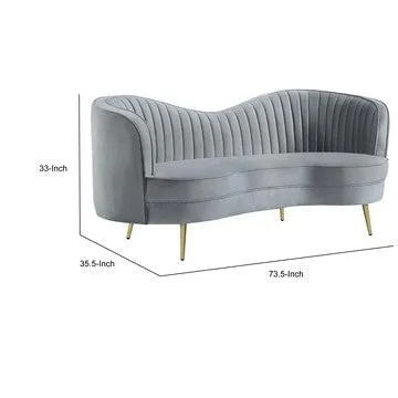 Enzo 74 Inch Modern Loveseat, Channel Tufted Kidney Shape, Gray and Gold By Casagear Home