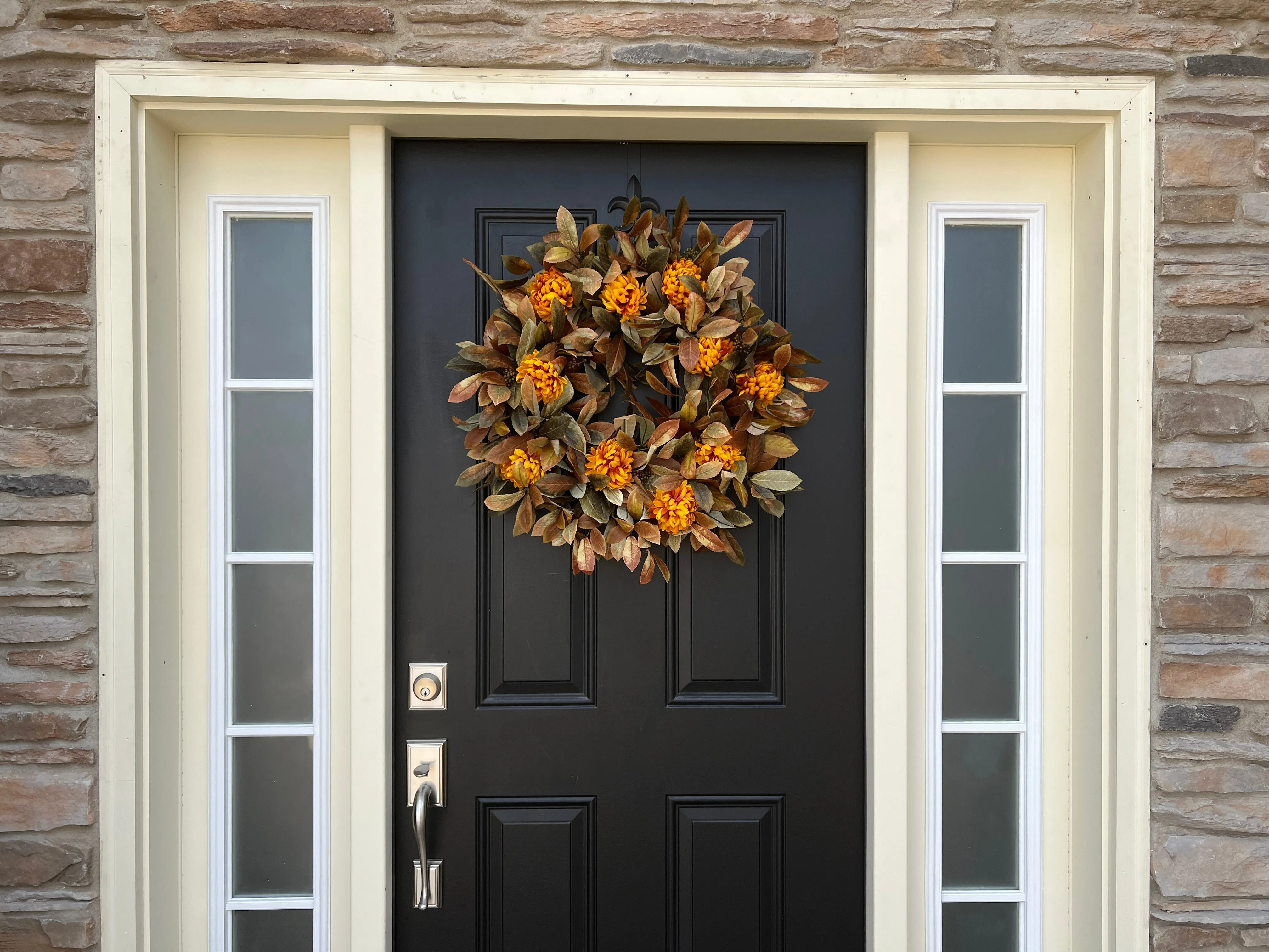 Fall Foliage and Gold Mum Wreath