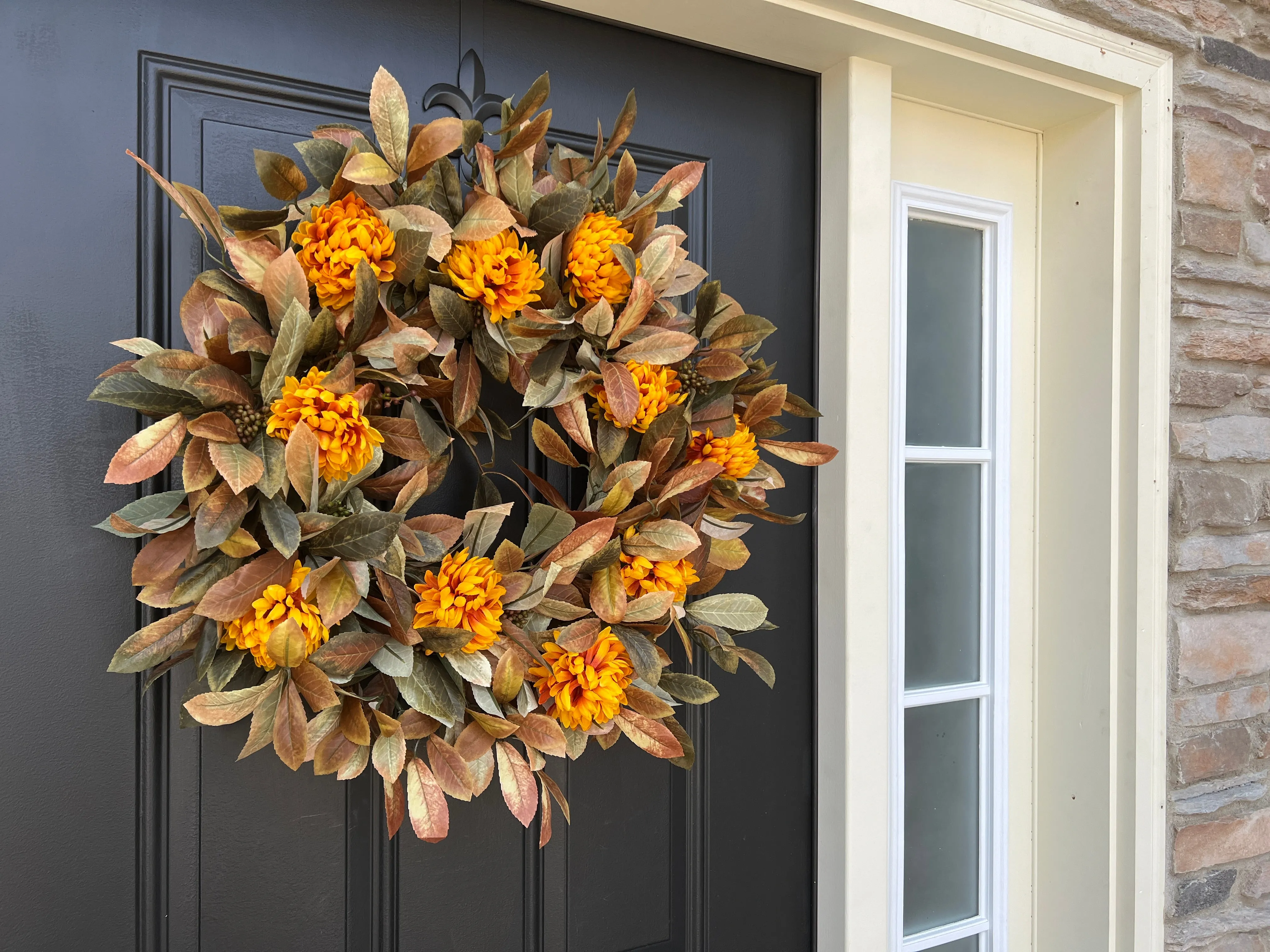 Fall Foliage and Gold Mum Wreath