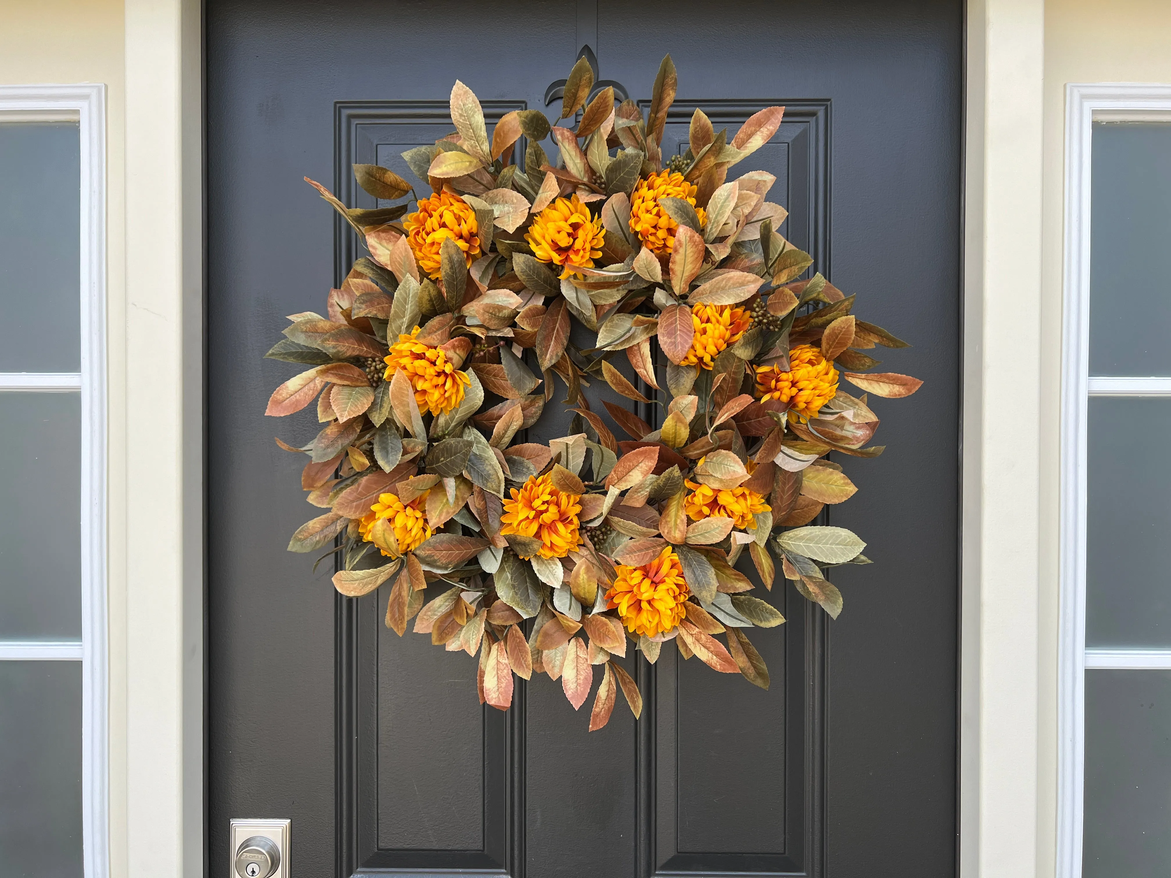 Fall Foliage and Gold Mum Wreath