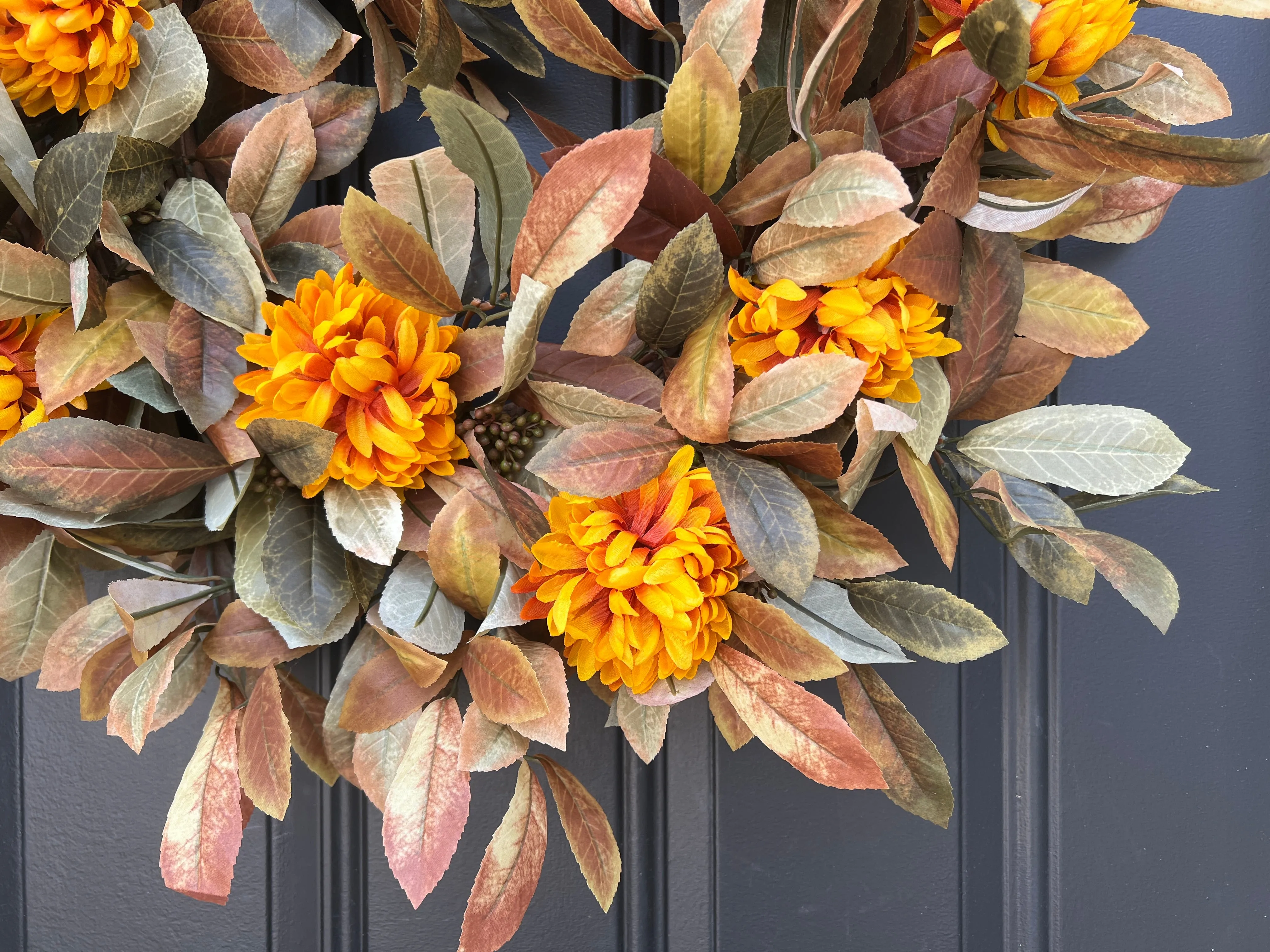 Fall Foliage and Gold Mum Wreath