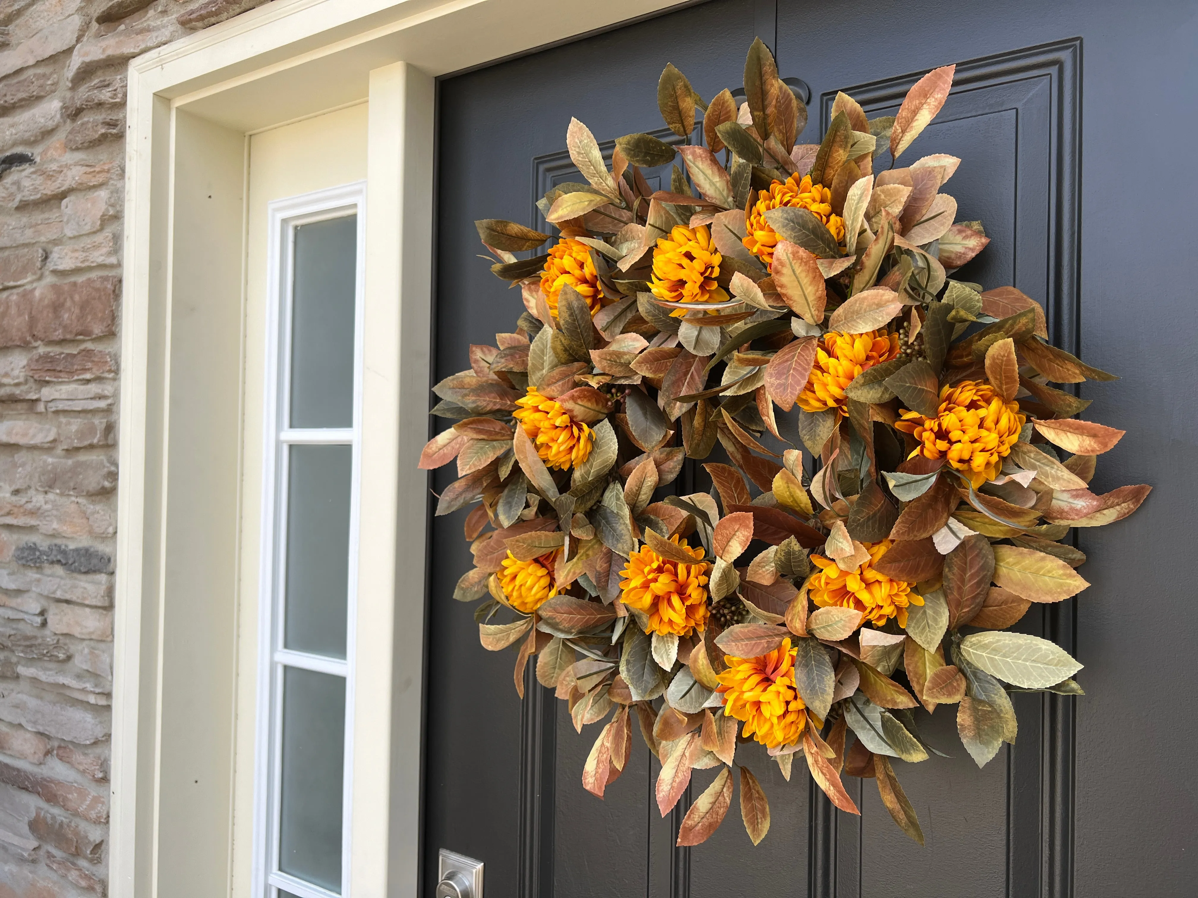 Fall Foliage and Gold Mum Wreath