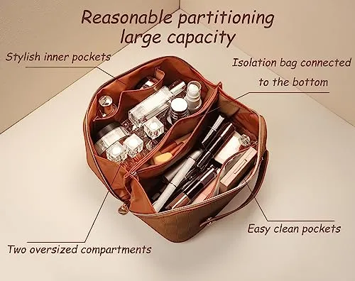 Fogude Travel Cosmetic Bag, Waterproof Toiletry Bag, Travel Cosmetic Organizer, Women's Portable Cosmetic Bag with Carrying Handle (Brown)