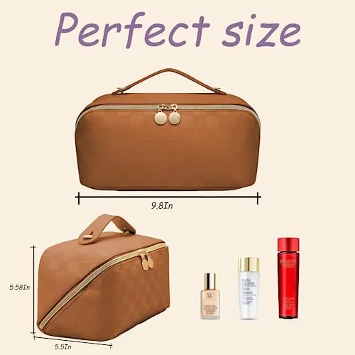 Fogude Travel Cosmetic Bag, Waterproof Toiletry Bag, Travel Cosmetic Organizer, Women's Portable Cosmetic Bag with Carrying Handle (Brown)