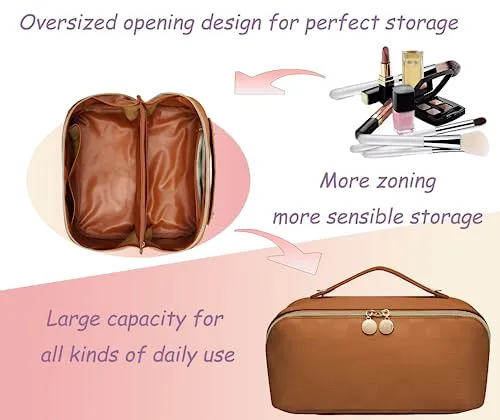Fogude Travel Cosmetic Bag, Waterproof Toiletry Bag, Travel Cosmetic Organizer, Women's Portable Cosmetic Bag with Carrying Handle (Brown)