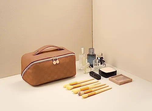 Fogude Travel Cosmetic Bag, Waterproof Toiletry Bag, Travel Cosmetic Organizer, Women's Portable Cosmetic Bag with Carrying Handle (Brown)