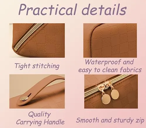 Fogude Travel Cosmetic Bag, Waterproof Toiletry Bag, Travel Cosmetic Organizer, Women's Portable Cosmetic Bag with Carrying Handle (Brown)