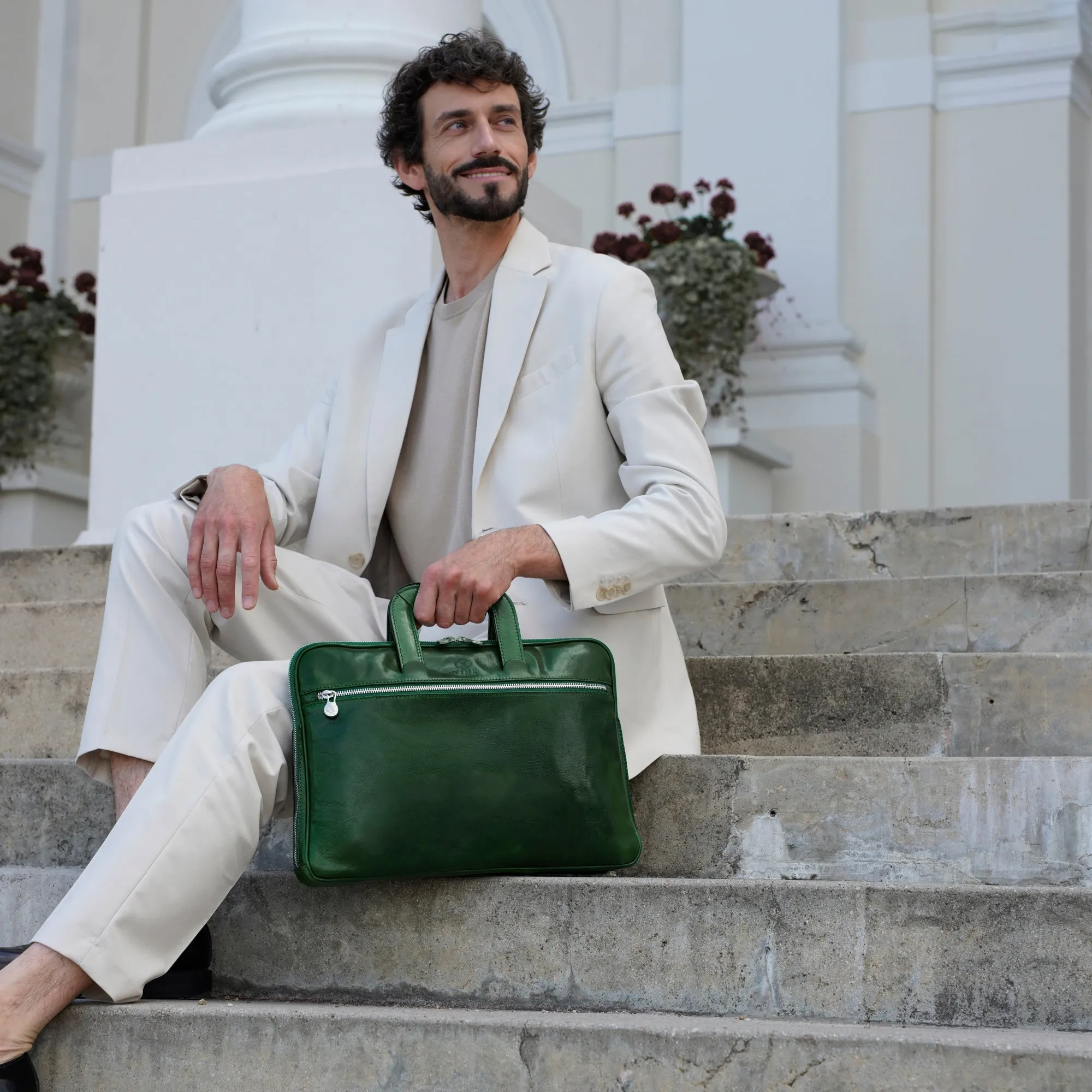Full Grain Italian Leather Briefcase Laptop Bag - Brave New World