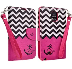 Galaxy Note 4 Case, Wrist Strap Magnetic Flip Fold[Kickstand] Pu Leather Wallet Case with ID & Credit Card Slots for Samsung Galaxy Note 4 - Hot Pink Anchor
