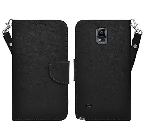 Galaxy Note 4 Case, Wrist Strap Magnetic Fold[Kickstand] Pu Leather Wallet Case with ID & Credit Card Slots for Samsung Galaxy Note 4 - Black