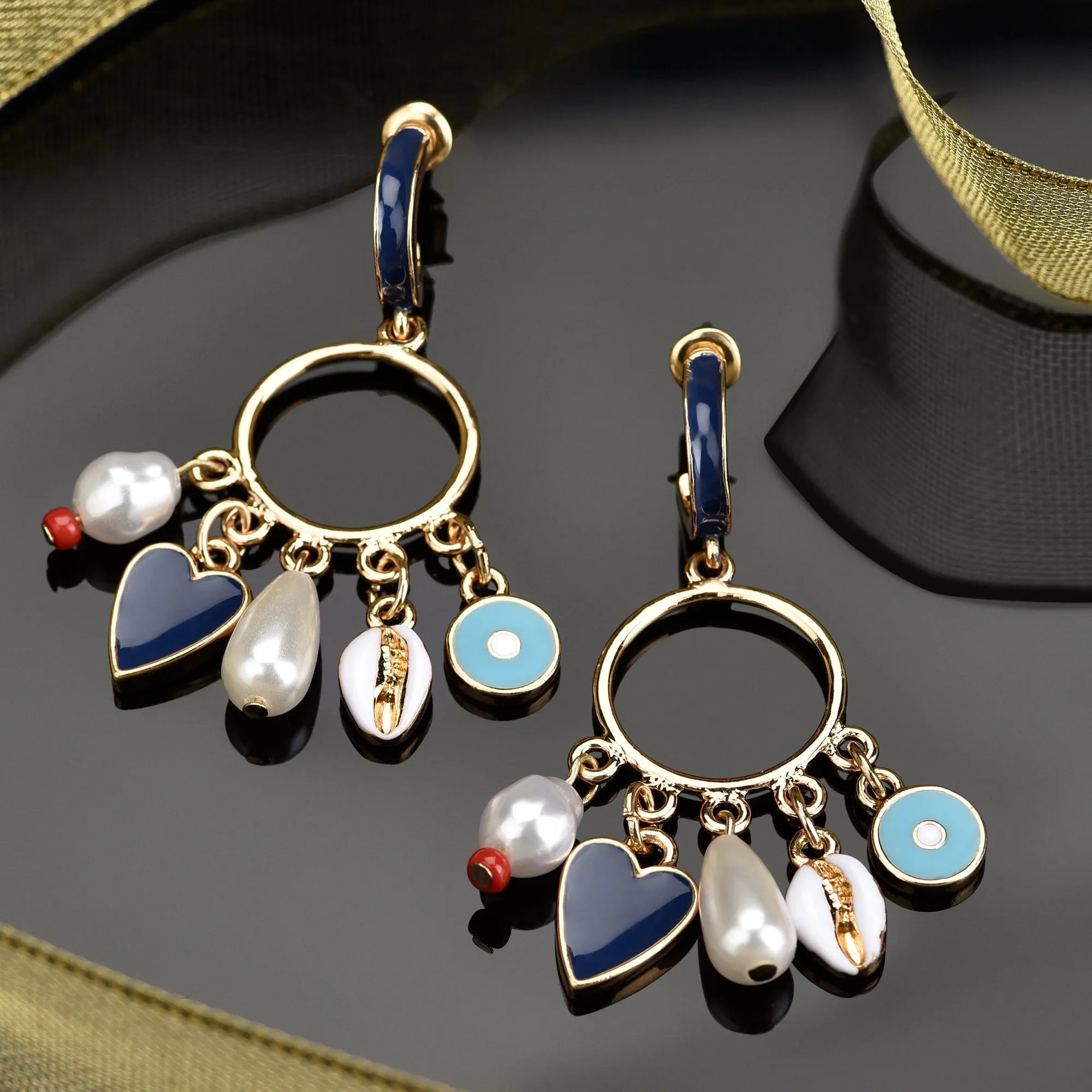 Golden Charmy Pearl & Shell Drop Earrings