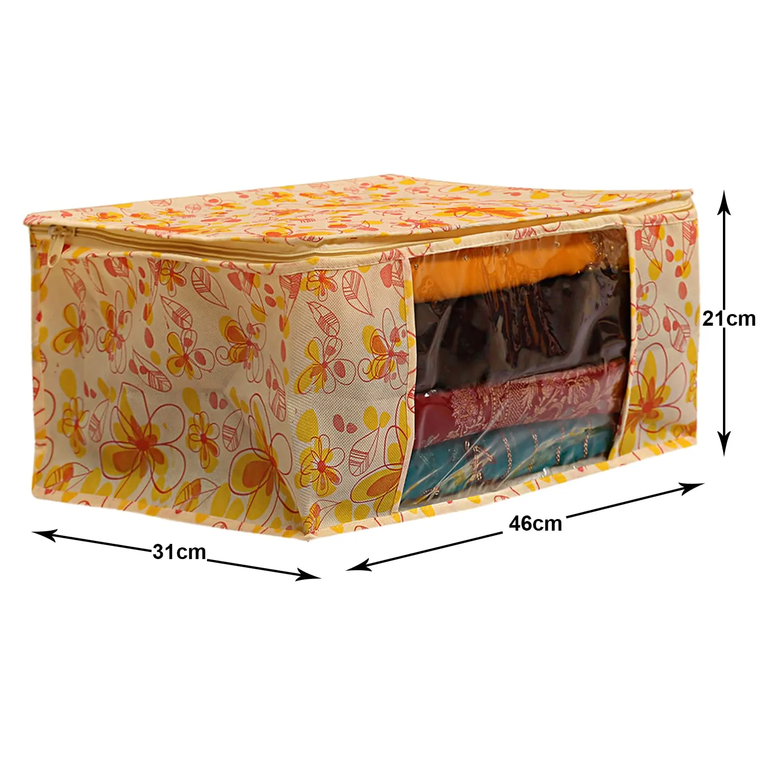 Heart Home Flower Design Non-woven Foldable Saree Cover/Clothes Storage Bag/Wardrobe Organizer With Transparent Window- Pack of 12 (Yellow)-44HH0399