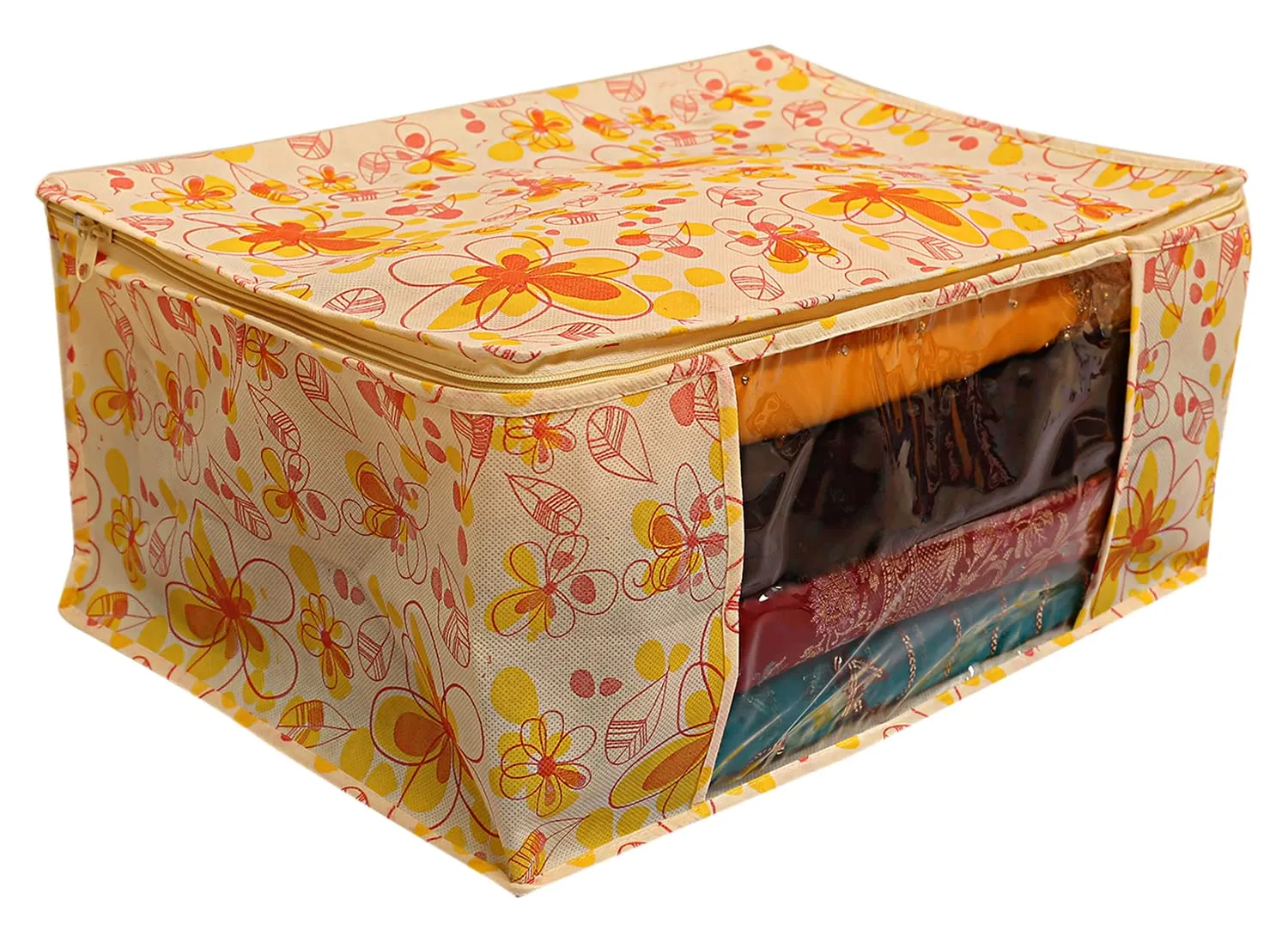 Heart Home Flower Design Non-woven Foldable Saree Cover/Clothes Storage Bag/Wardrobe Organizer With Transparent Window- Pack of 12 (Yellow)-44HH0399