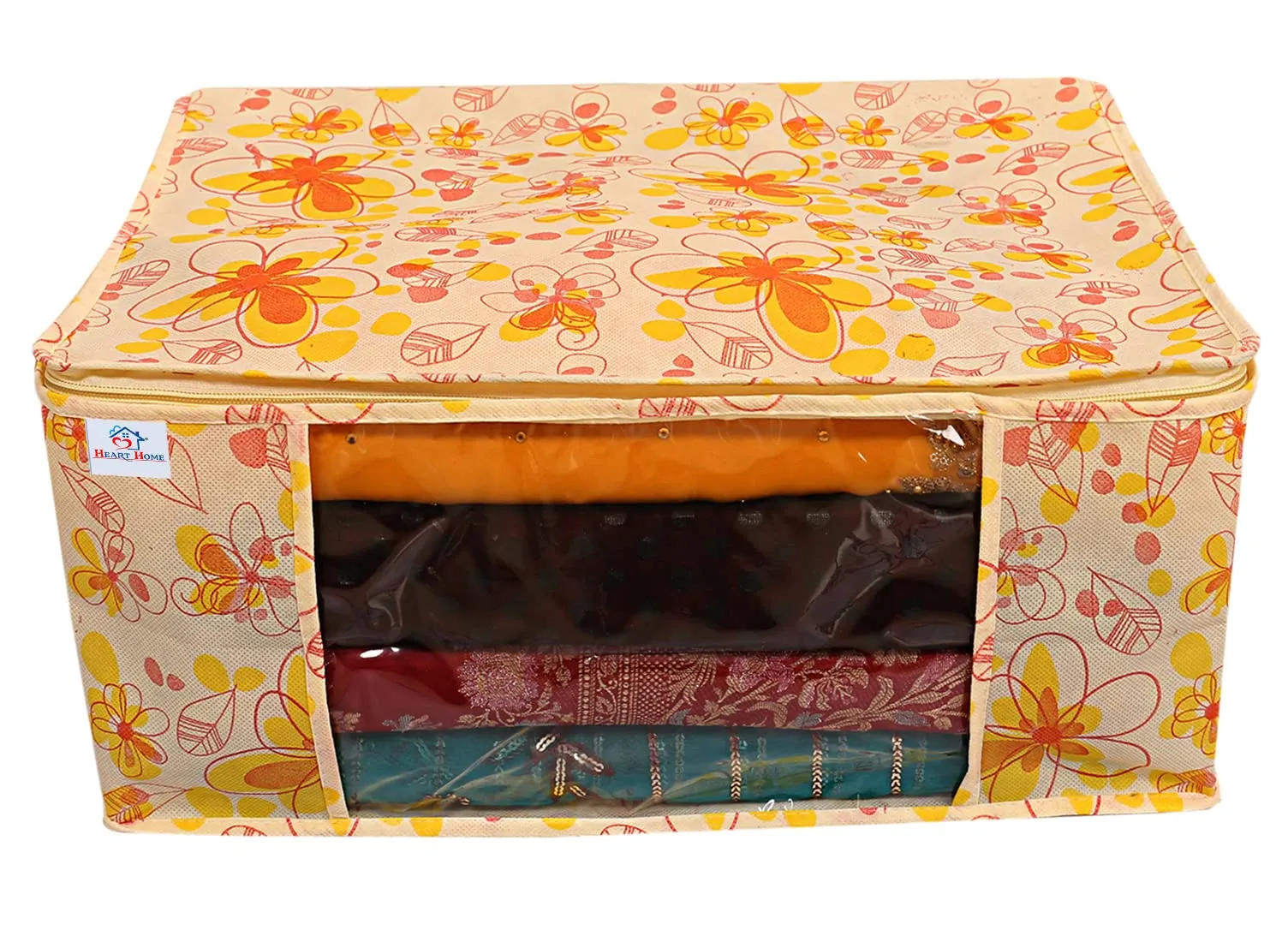Heart Home Flower Design Non-woven Foldable Saree Cover/Clothes Storage Bag/Wardrobe Organizer With Transparent Window- Pack of 12 (Yellow)-44HH0399