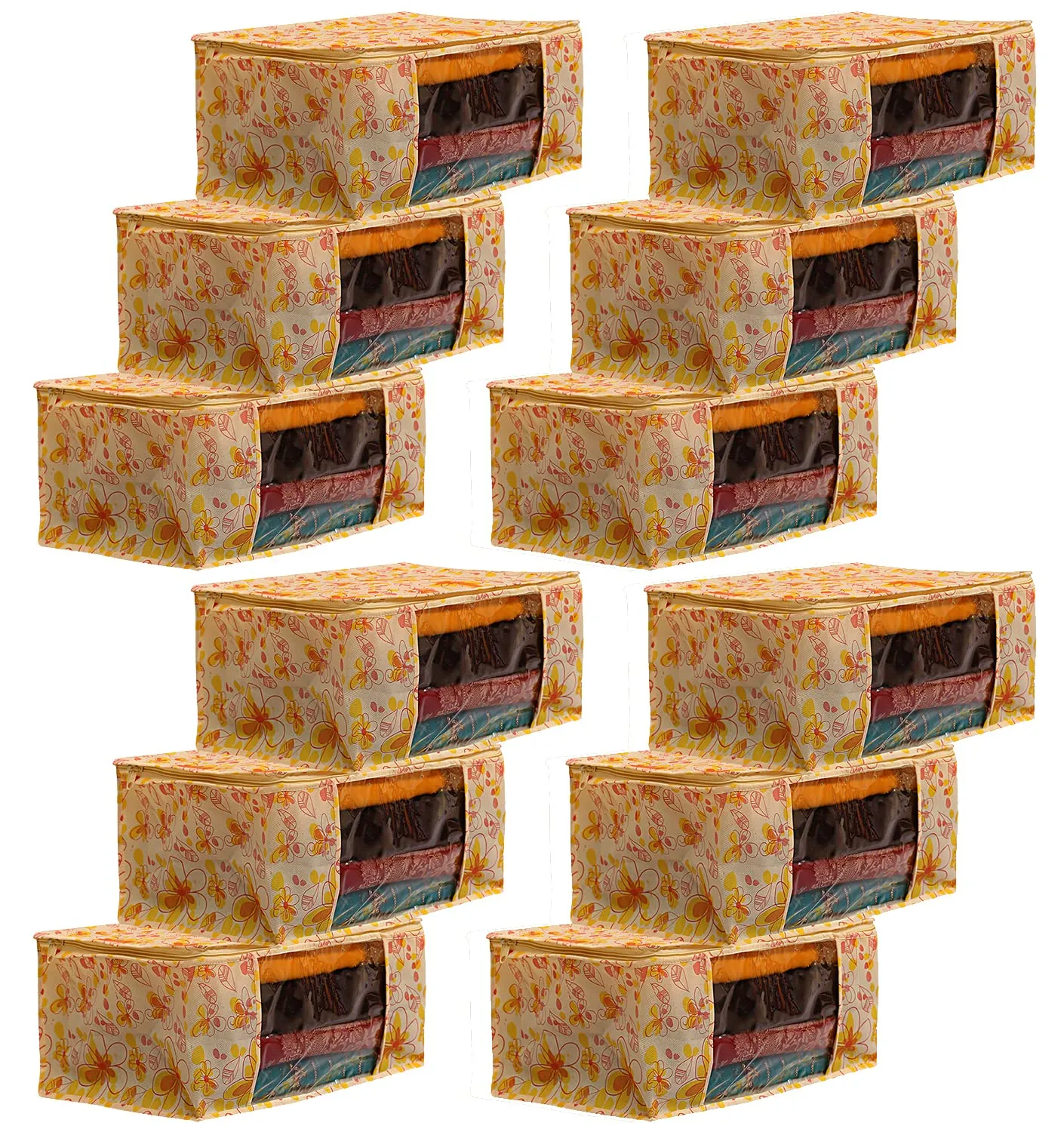Heart Home Flower Design Non-woven Foldable Saree Cover/Clothes Storage Bag/Wardrobe Organizer With Transparent Window- Pack of 12 (Yellow)-44HH0399