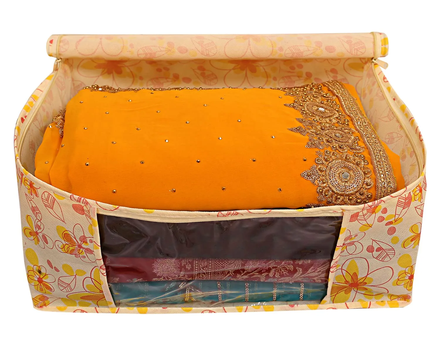 Heart Home Flower Design Non-woven Foldable Saree Cover/Clothes Storage Bag/Wardrobe Organizer With Transparent Window- Pack of 12 (Yellow)-44HH0399